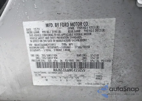 2021 Ford Ecosport Ses from USA, damaged, VIN MAJ6S3JL6MC455055